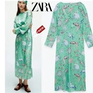 Zara Zodiac print satin midi maxi dress in mint green Sz XS NWT long sleeve